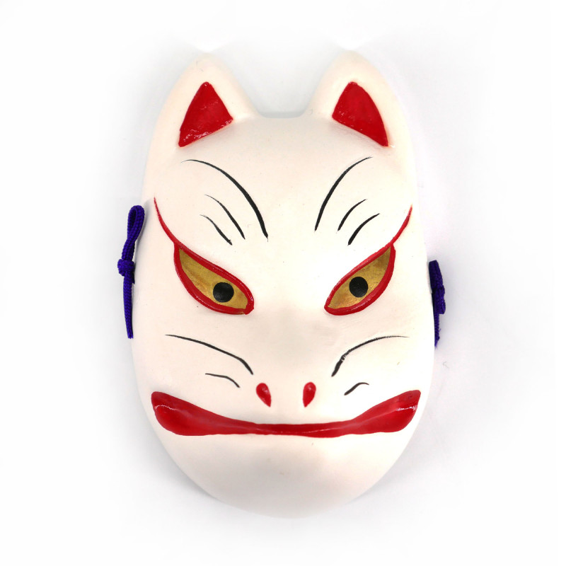 Kleine Noh-Maske, die einen weißen Kitsune-Fuchs aus Keramik darstellt, KITSUNE, 10,4 cm