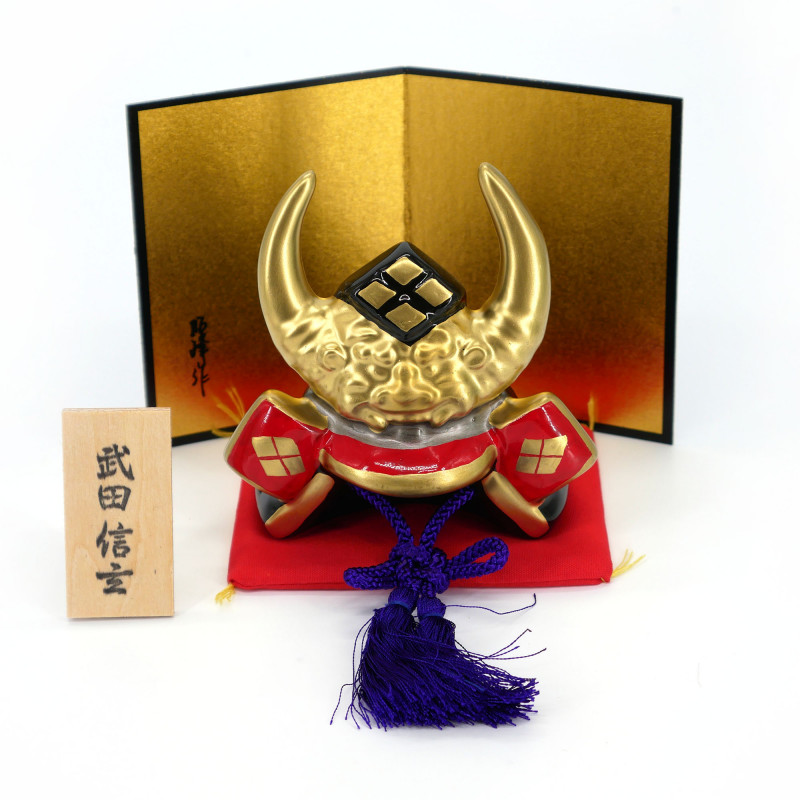 Ornamento per elmo Kabuto del grande Damyos del Giappone feudale in ceramica, TAKEDA SHINGEN, 9,3 cm