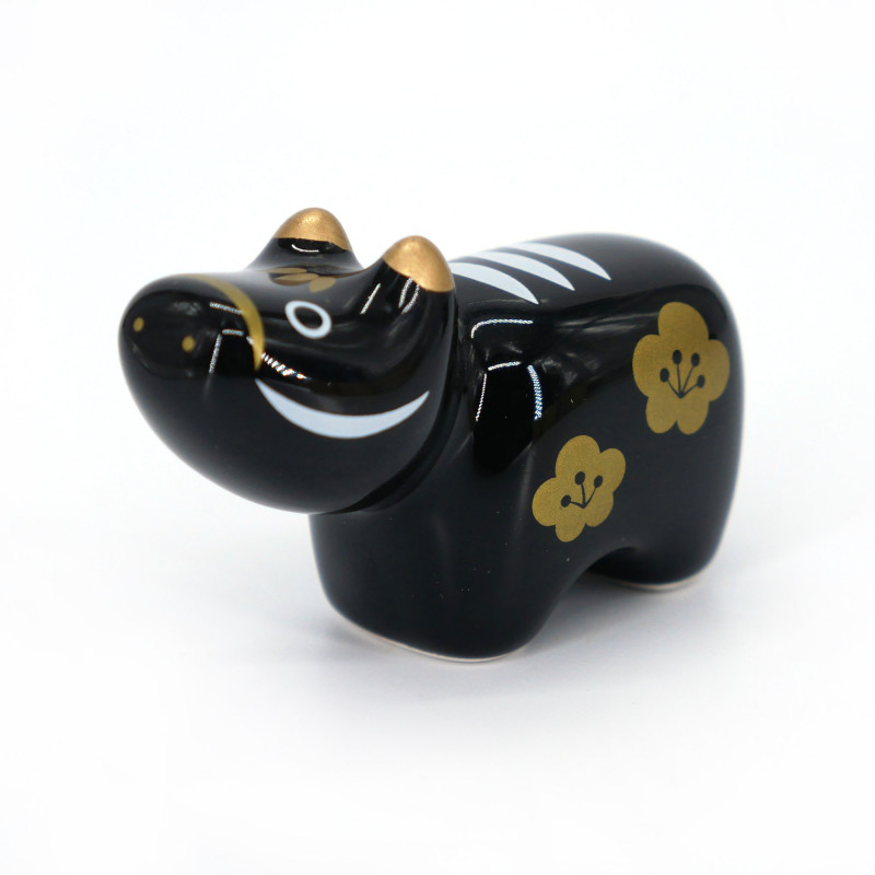 Soporte para palillos de cerámica japonesa en forma de buey negro y dorado, KUROBEKO, 3,5 cm