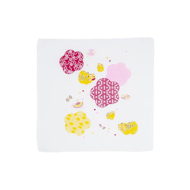 Japanese cotton handkerchief with tigers and cherry blossom pattern, TORA TO SAKURA, 35 x 35 cm