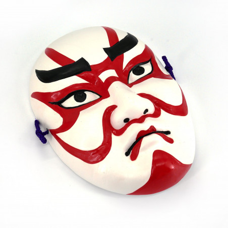 Petit masque nô représentant un maquillage traditionnel blanc et rouge en céramique, KUMADORI, 9.7 cm