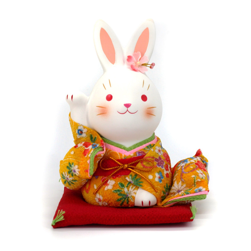Adorno grande de cerámica de conejo blanco japonés en kimono amarillo, HANAUSAGI, 14 cm