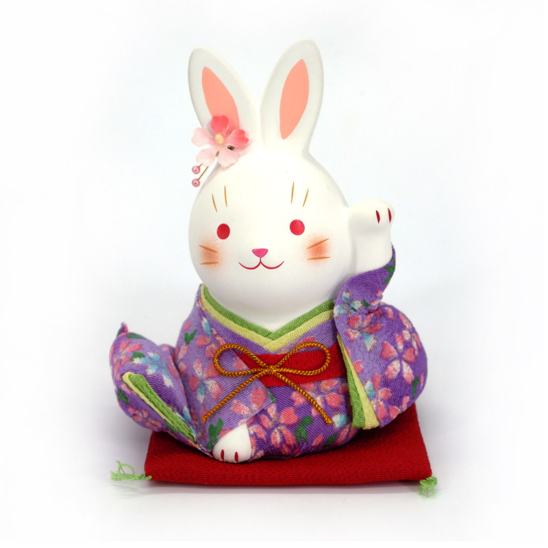 Large ceramic Japanese white rabbit ornament in purple kimono, HANAUSAGI, 14 cm