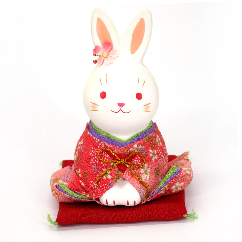 Grand ornement lapin blanc japonais en céramique en kimono rose, OJIGI, 14 cm