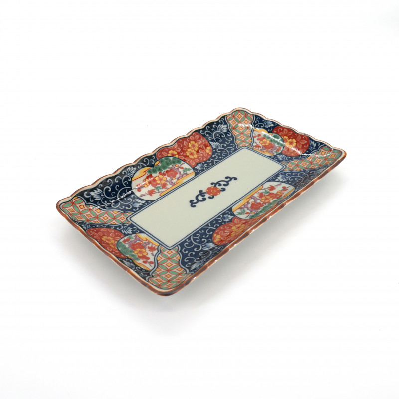 assiette rectangle japonaise en céramique, KOIMARI bleue et rouge