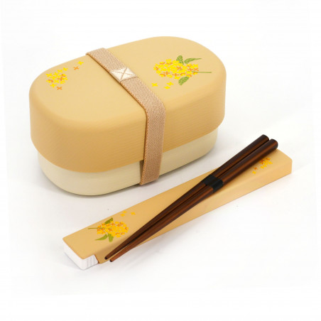 Beige ovale japanische Bento-Lunchbox mit gelbem Blumenmuster mit einem Paar passender Essstäbchen, KINMOKUSEI, 15,5cm