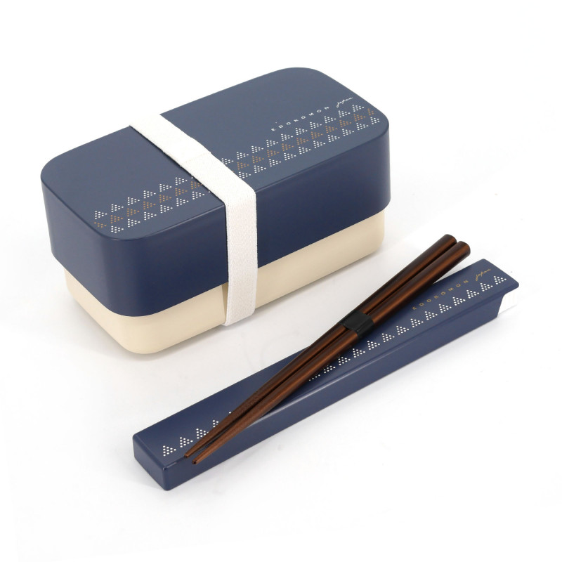 Scatola da pranzo giapponese rettangolare blu bento con motivo tradizionale Edo e la sua coppia di bacchette abbinate, UROKOMON,