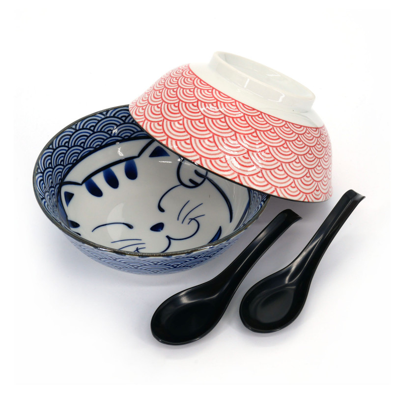 Set aus 2 japanischen Keramikschalen in rosa und blau mit Löffel - NEKOTOSUPUN