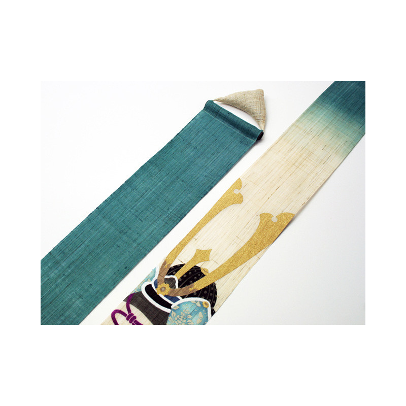 Fino tapiz japonés en cáñamo beige y beige pintado a mano con patrón de casco kabuto, KABUTO, 10x170cm