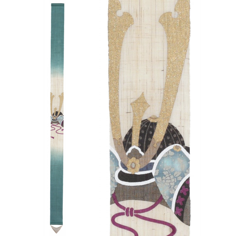 Fine tapisserie japonaise en chanvre beu et beige peinte à la main motif casque kabuto, KABUTO, 10x170cm