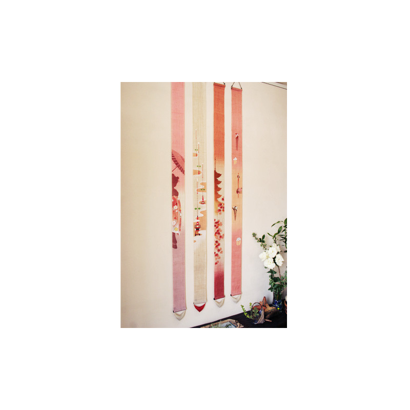 Feiner japanischer Wandteppich aus orangerosa Hanf handbemalt 5-stöckiges Pagodenmuster, GOJUNOTO AKI, 10x170cm