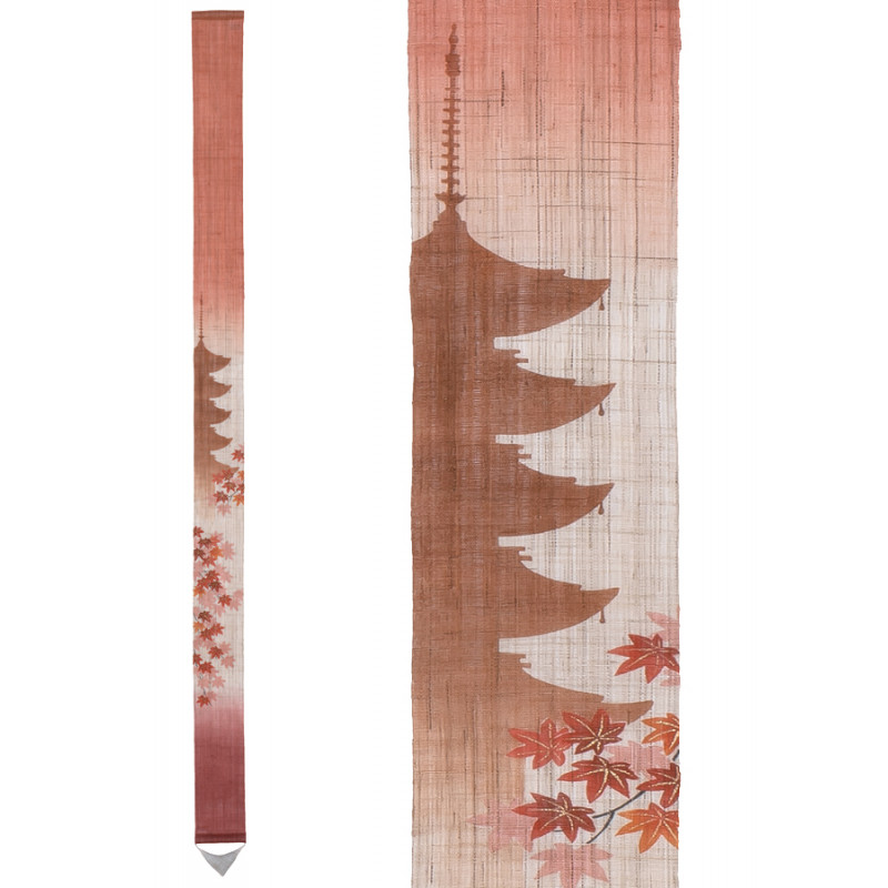 Fine Japanese tapestry in orange pink hemp hand painted 5 story pagoda pattern, GOJUNOTO AKI, 10x170cm