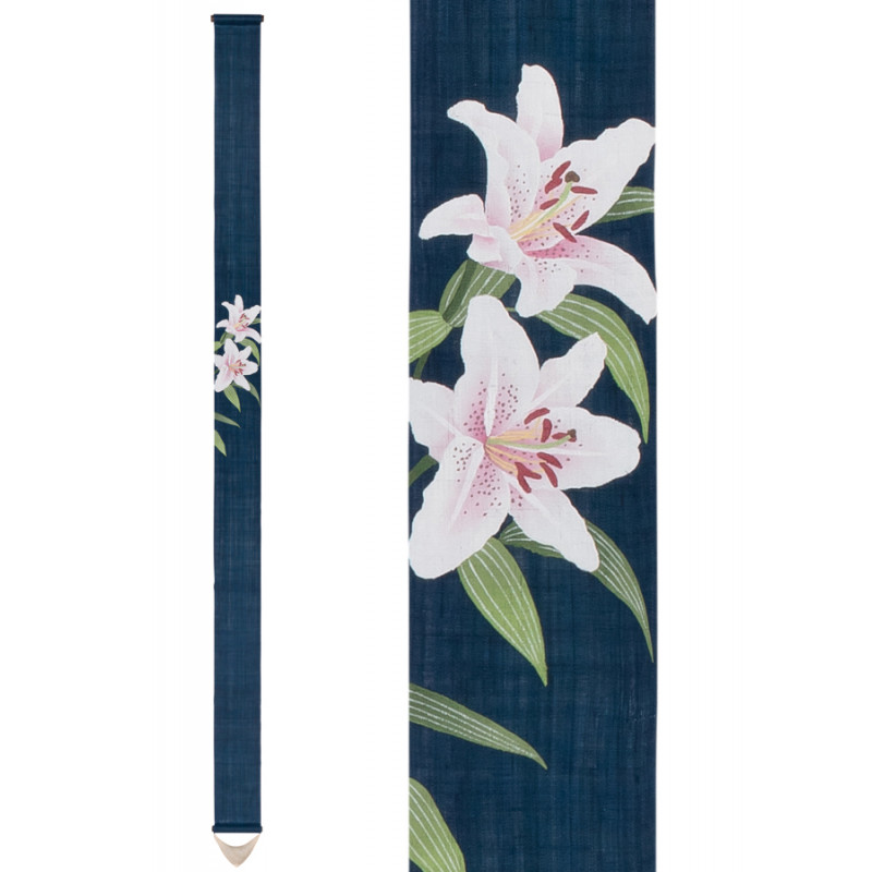 Fino tapiz japonés de cáñamo azul pintado a mano con estampado de flores de lis, YURI, 10x170cm