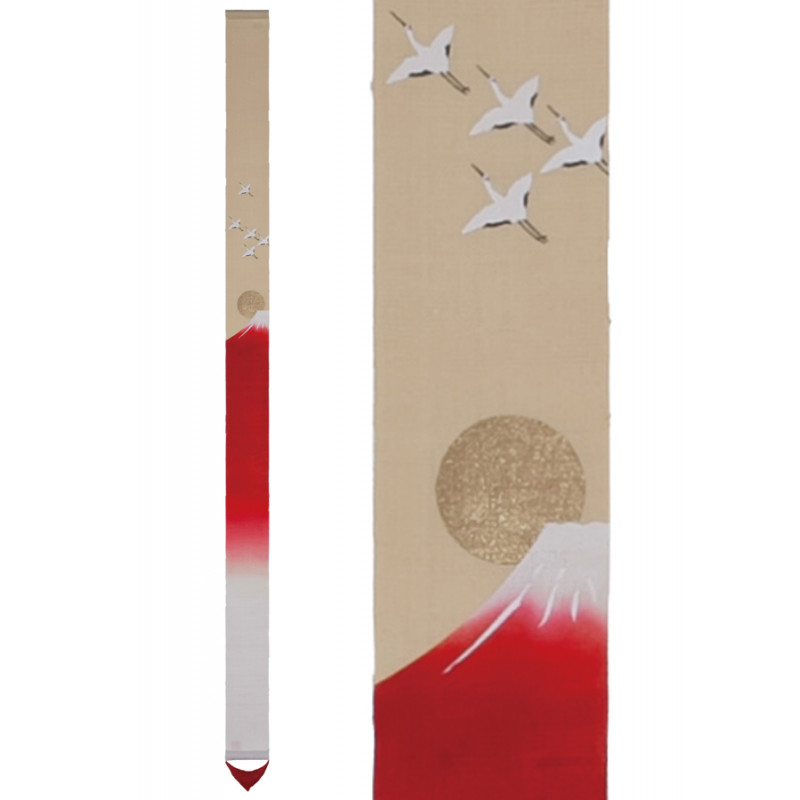 Fino tapiz japonés en cáñamo beige pintado a mano con patrón Fuji rojo y grullas, AKANE FUJI, 10x170cm
