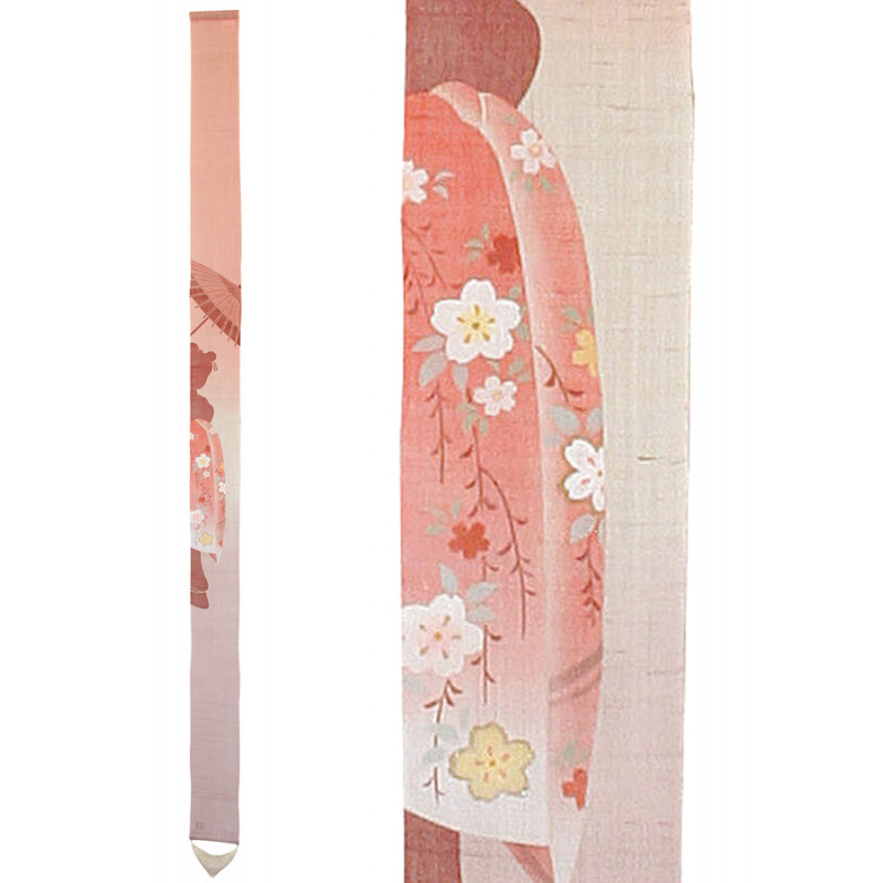 Fine Japanese tapestry in pink hemp hand painted with geisha and parasol motif, DARARI, 10x170cm