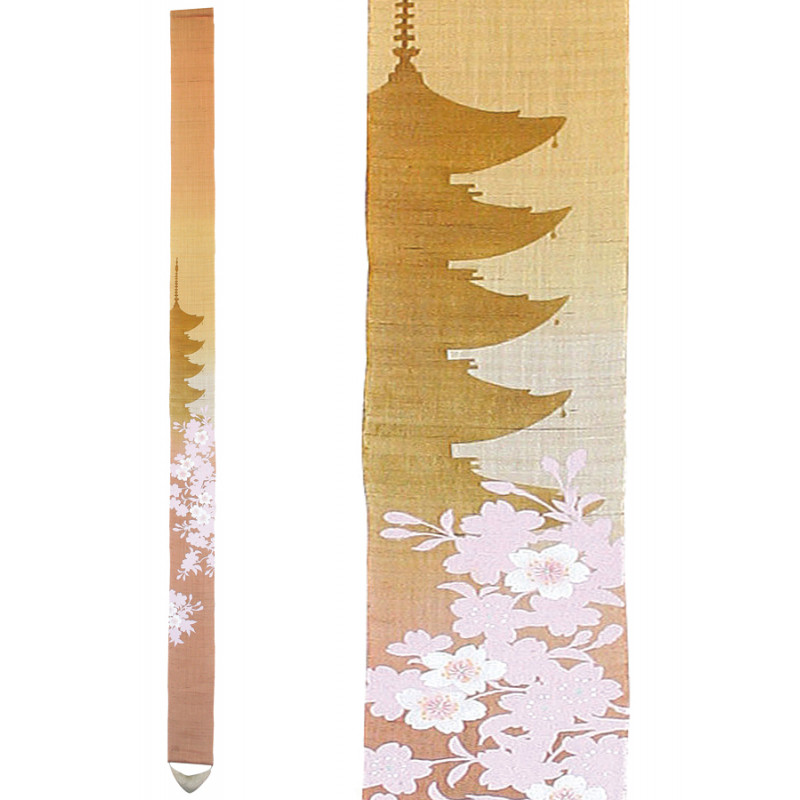 Fine Japanese tapestry in pink yellow hemp hand painted 5 story pagoda pattern, GOJUNOTO, 10x170cm