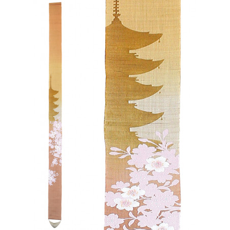 Fine Japanese tapestry in pink yellow hemp hand painted 5 story pagoda pattern, GOJUNOTO, 10x170cm