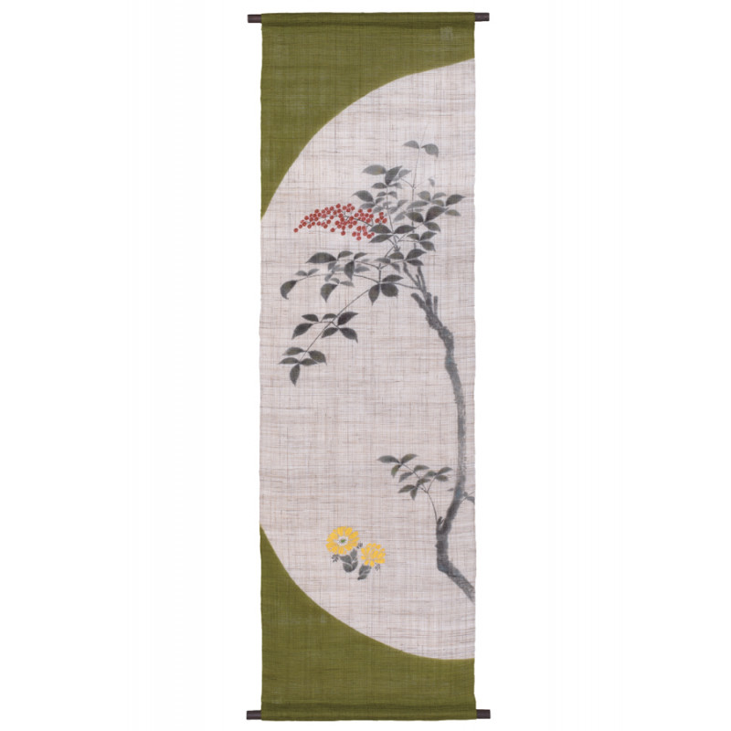Tapiz de cáñamo verde y beige pintado a mano con patrón de hojas y bayas, NANTEN FUKU, 45x150cm