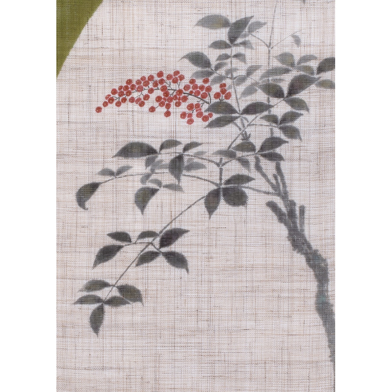 Tapiz de cáñamo verde y beige pintado a mano con patrón de hojas y bayas, NANTEN FUKU, 45x150cm