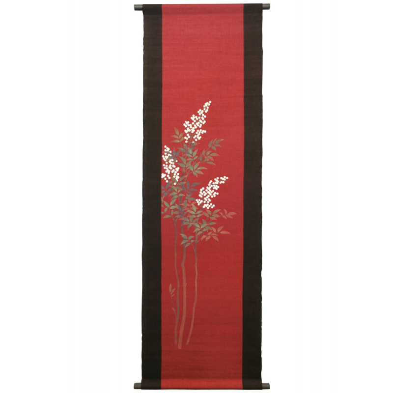 Tapiz de cáñamo rojo y morado pintado a mano con patrón de hojas y bayas, SHIRO NANTEN, 45x150cm