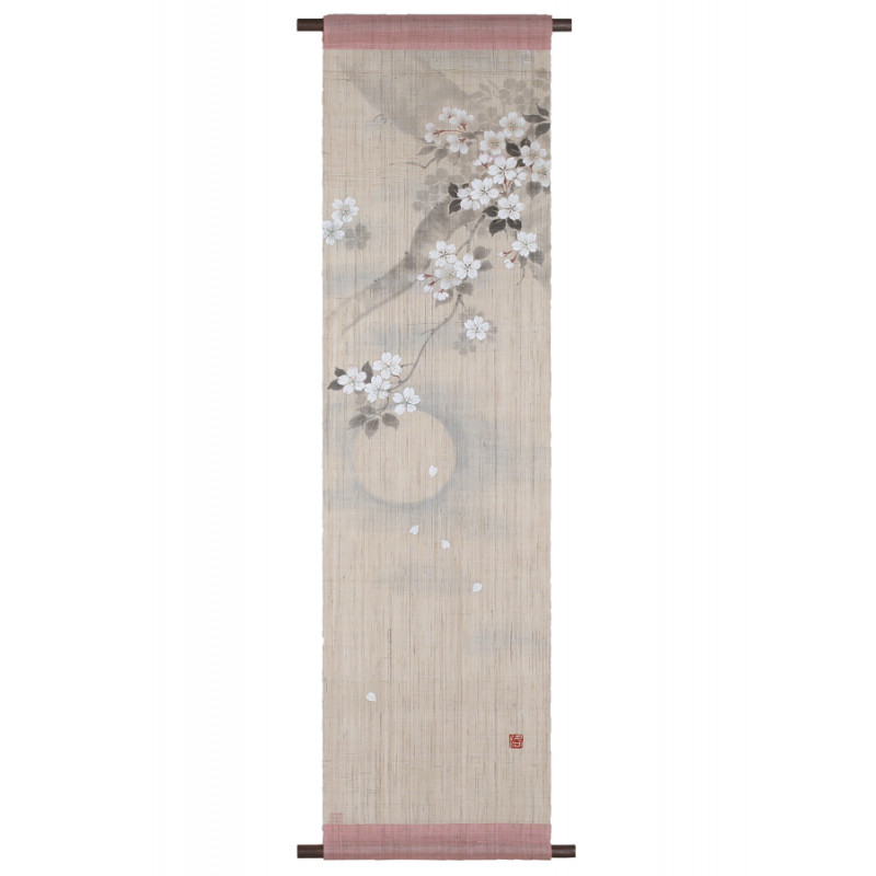 Handbemalte Hanf-Wandteppich beige und pink mit Kirschblüten- und Mondmuster, YOI NO TSUKI, 36x130cm