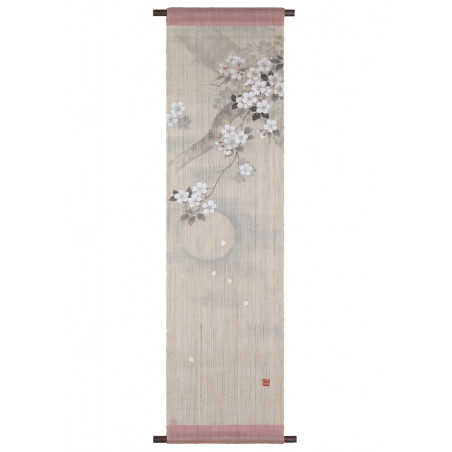 Tapisserie en chanvre beige et rose peinte à la main motif fleurs de cerisier et lune, YOI NO TSUKI, 36x130cm 