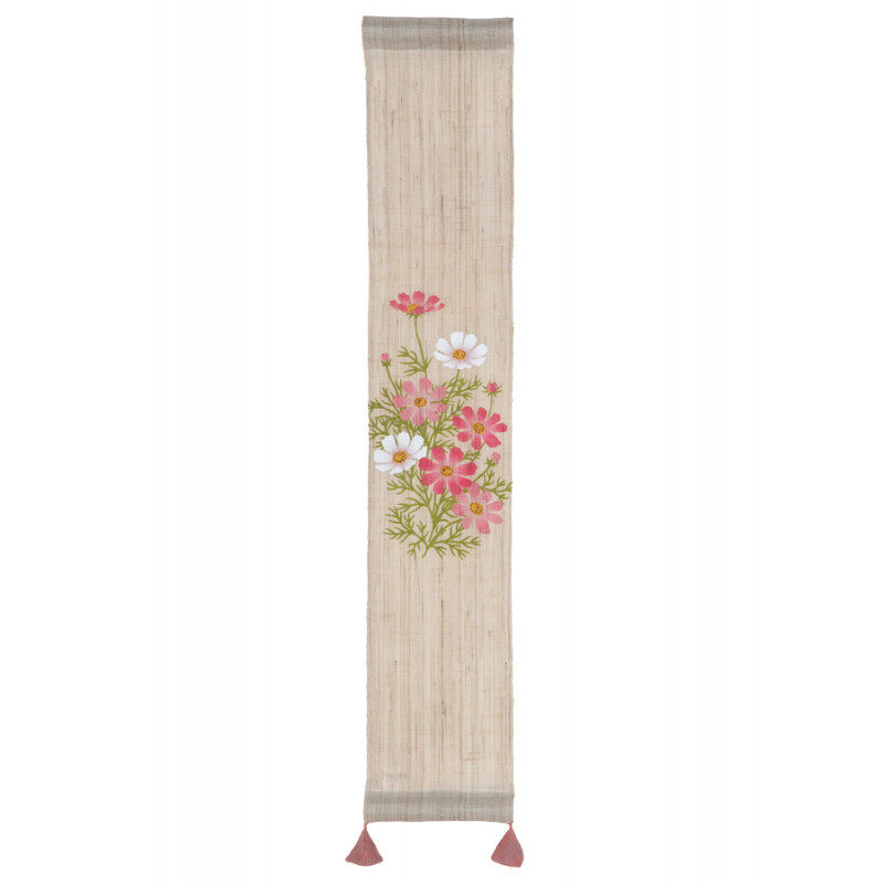 Fine Japanese hand-painted beige hemp tapestry with cosmos flowers pattern, KOSUMOSU, 10x60cm
