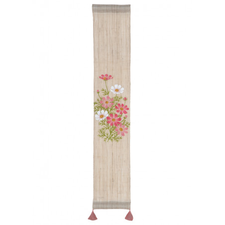 Fine Japanese hand-painted beige hemp tapestry with cosmos flowers pattern, KOSUMOSU, 10x60cm