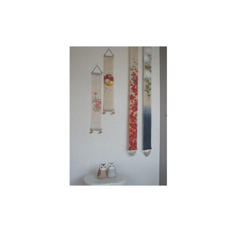 Feiner japanischer handbemalter beiger Hanfteppich mit Kosmosblumenmuster, KOSUMOSU, 10x60cm
