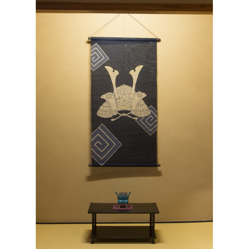 Tapiz de cáñamo azul pintado a mano patrón de casco kabuto, KABUTO, 60x120cm