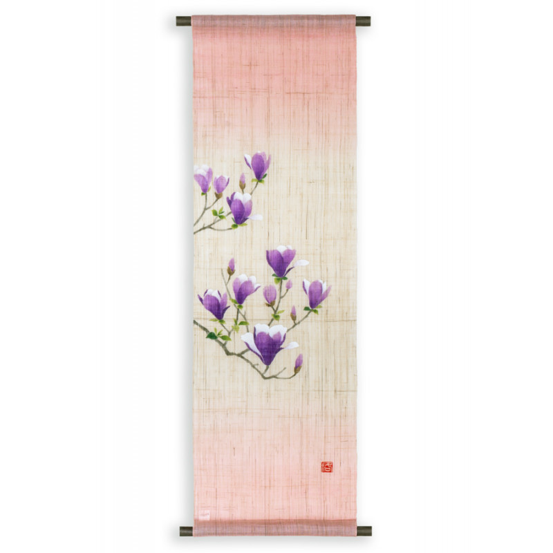 Hand painted beige hemp tapestry with purple and white flowers pattern, MOKUREN, 30x100cm