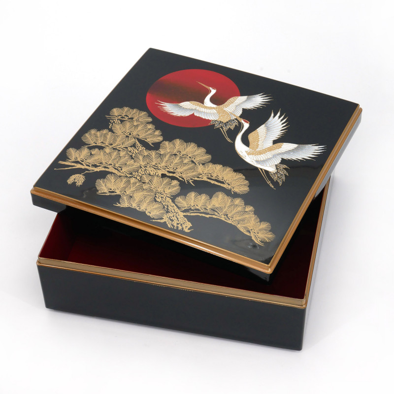 Japanische schwarze quadratische Aufbewahrungsbox aus Kunstharz mit Kranich- und Kiefernmuster, HINODETSURU, 19,5x19,5x7,6cm