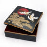 Boîte de rangement japonaise noire en résine carrée motif grues et pin, HINODETSURU, 19.5x19.5x7.6cm