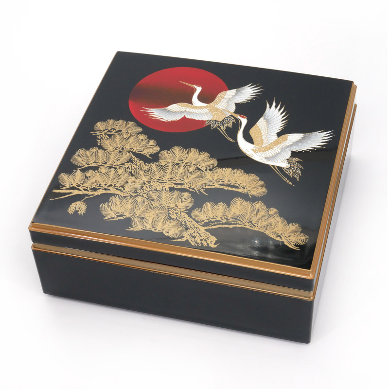 Scatola portaoggetti giapponese in resina quadrata nera con motivo a gru e pino, HINODETSURU, 19,5x19,5x7,6 cm