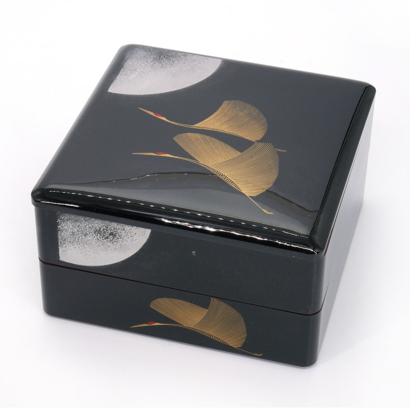 Scatola da pranzo giapponese jyubako nera con motivo a gru, MATSUBATSURU, 19,5x19,5x12,5 cm