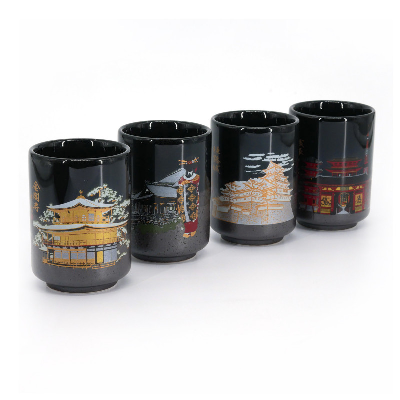 Set of 4 Japanese ceramic cups, traditional monuments - JAPAN