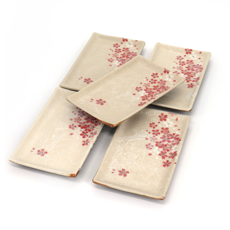 Set de 5 assiettes rectangulaires japonaises, SAKURA, fleurs de cerisier
