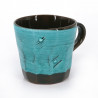 Japanische Tasse aus Keramik in braun und blau, Striche und Punkte, DOT