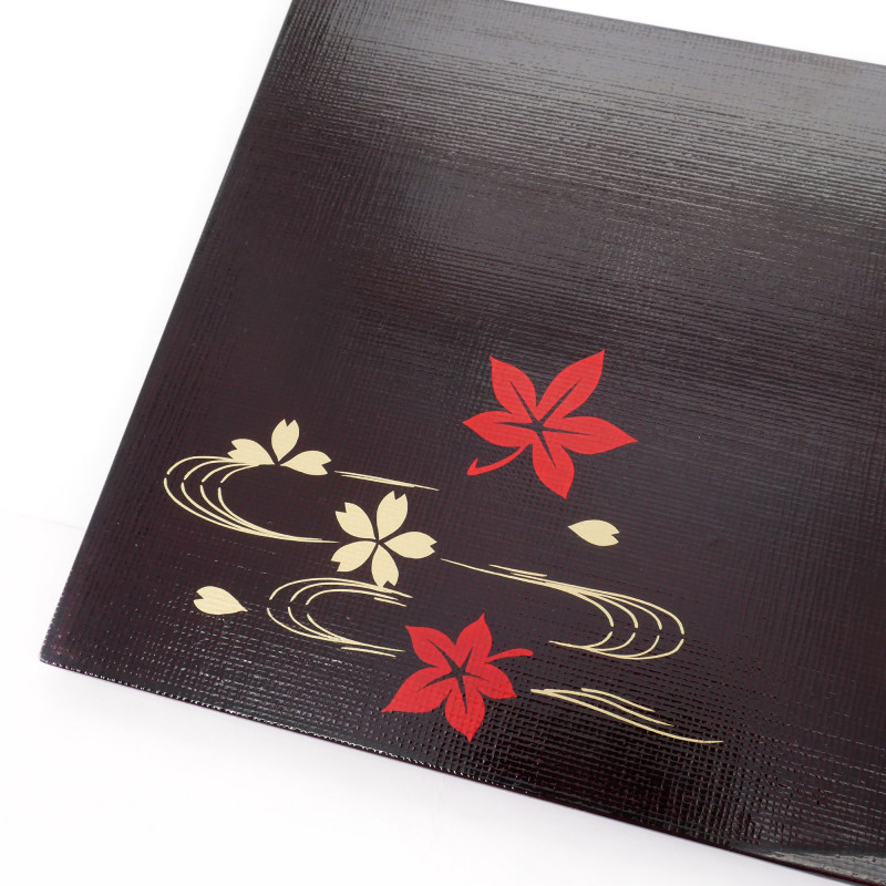 Plateau à sushis rectangle noir en résine motif feuilles d'érable et fleurs de cerisier, MOMIJI SAKURA, 25,5 cm 