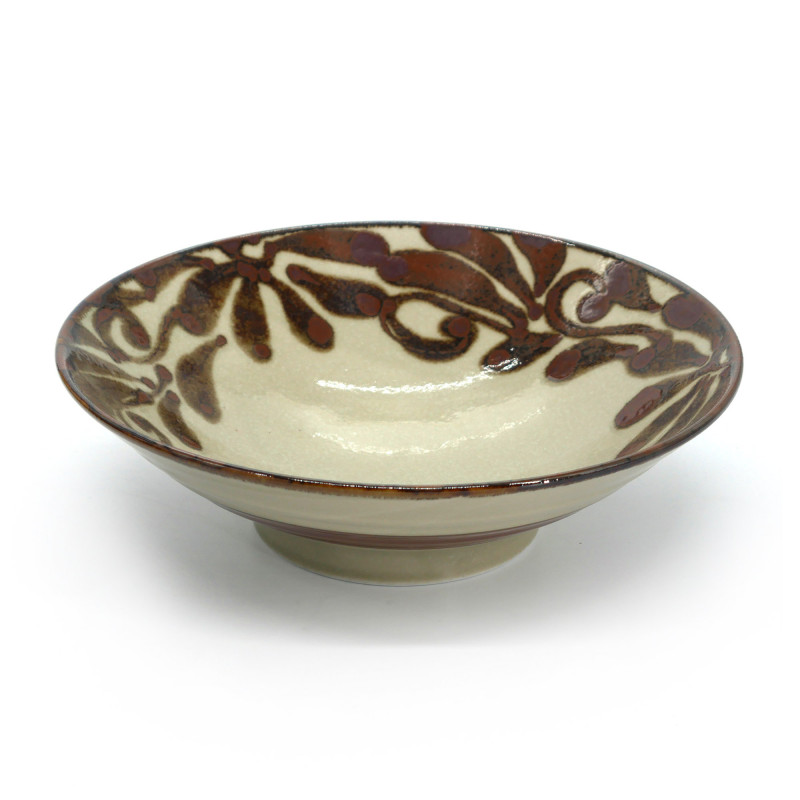 Ciotola ramen in ceramica giapponese beige, SHITO, motivo foglie arrugginite