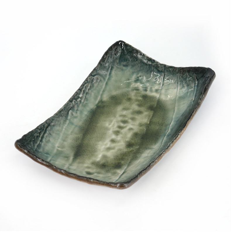 Grüner japanischer Teller aus Keramik, rechteckig, MIDORI, grün und schwarz