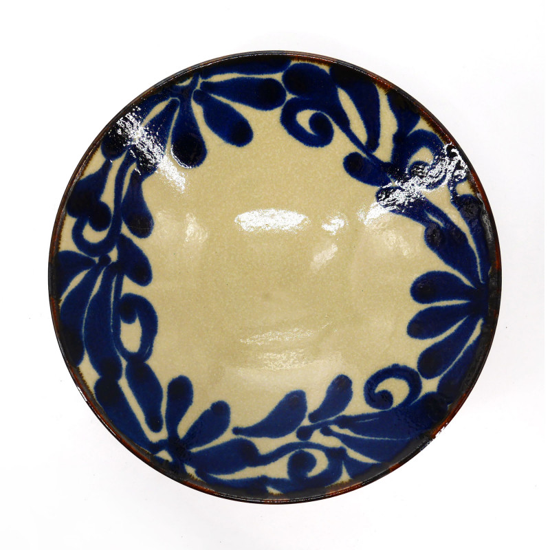 Ciotola ramen in ceramica giapponese beige, SHITO, motivo foglie blu