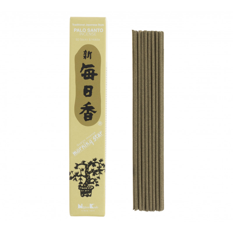 Box of 50 Japanese incense sticks with its ceramic holder, MORNING STAR PALO SANTO, palo santo fragrance