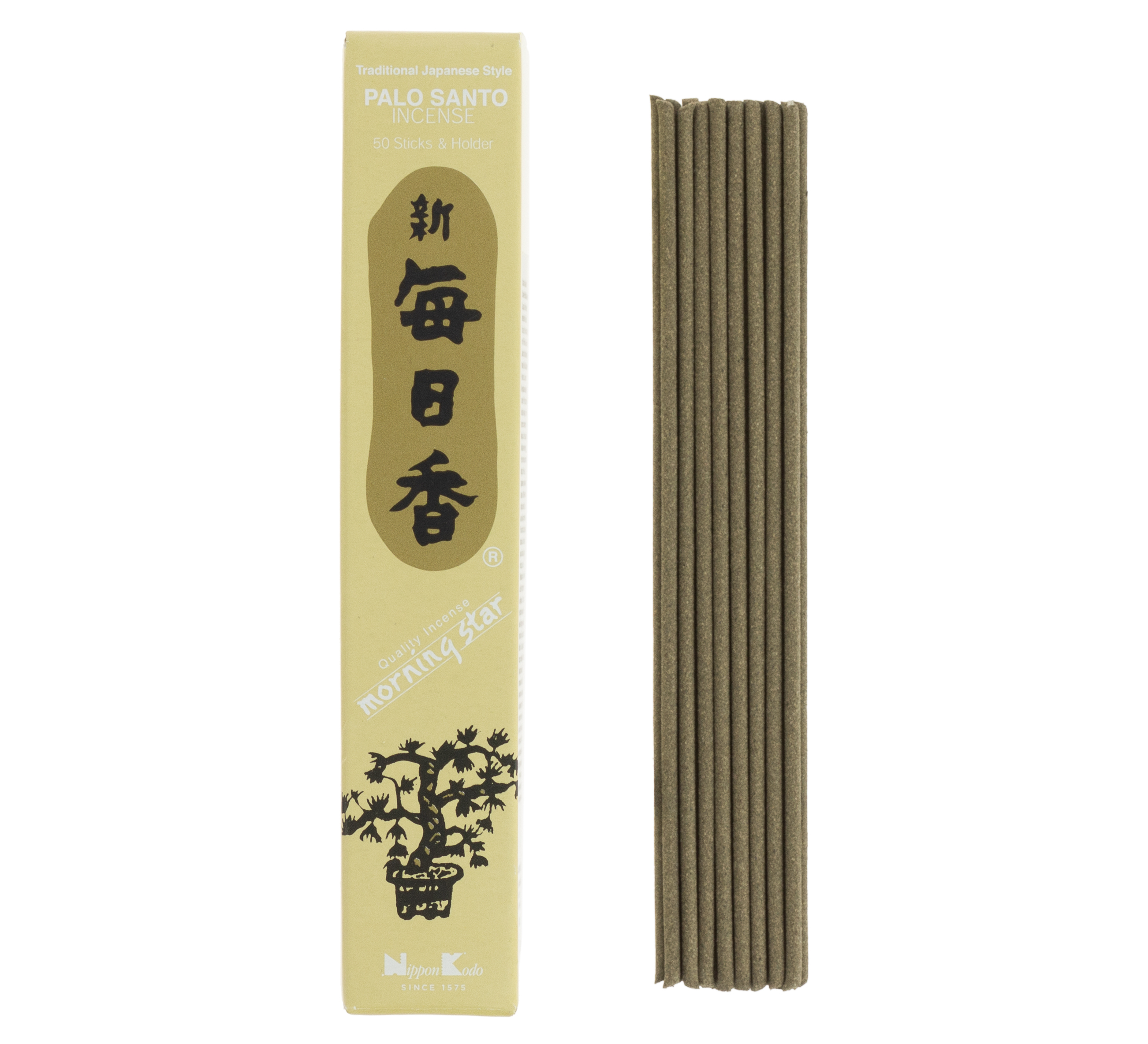 Scatola da 50 bastoncini di incenso giapponese con supporto in ceramica,  MORNING STAR PALO SANTO, profumo