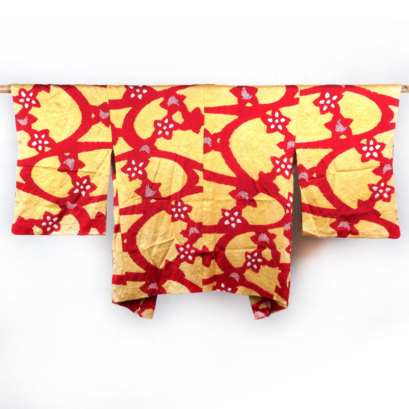 Haori japonais vintage jaune et rouge, motifs shibori, SHIBORI GARA
