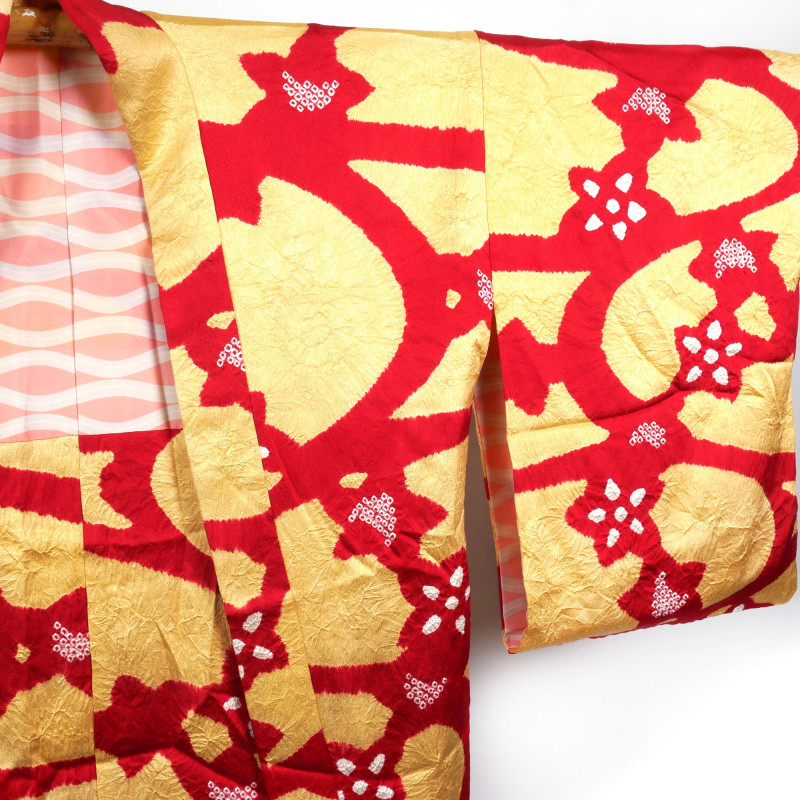 Haori giapponese vintage in giallo e rosso, motivo shibori, SHIBORI GARA