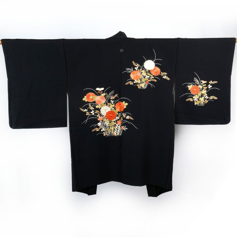 Haori japonais vintage noir, motifs fleurs sauvages, YASEI NO HANA
