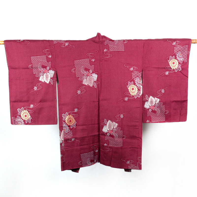 Vintage japanischer Haori in bordeauxrot, Matchwork- und Blumenmuster, HANA