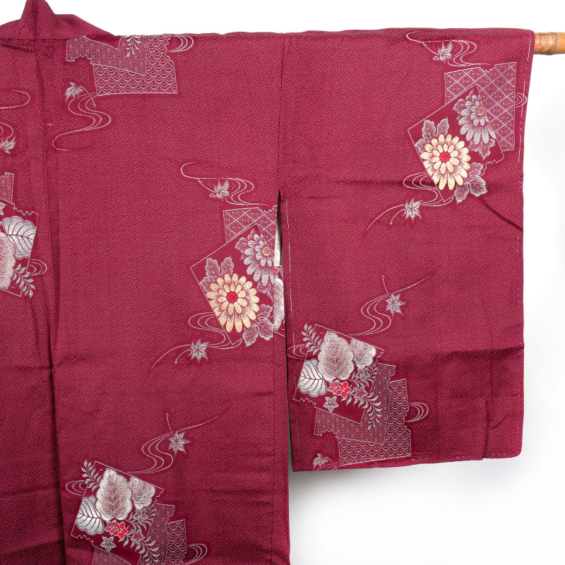 Haori japonais vintage couleur bordeau, motifs matchwork et fleurs, HANA