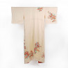Vintage beige satin japanese kimono, flowers design, ORENJI
